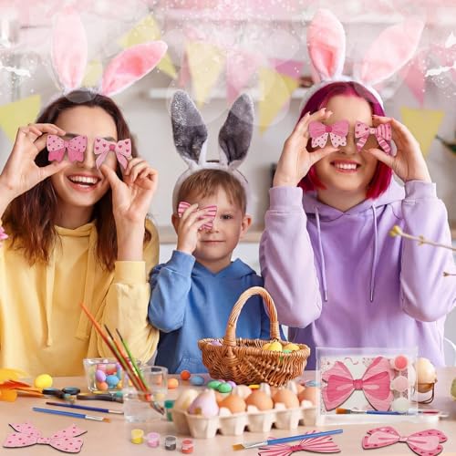 Saypacck 24 Pcs Pink Bow Party Favors Wooden Paint Craft Kits | Bow Themed Craft Activity, Girly Bow Designs for Birthday Parties, Bulk Favors for Goodie Bags, - style: Bowknot Style