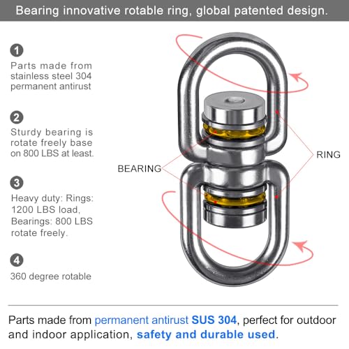 SELEWARE Heavy Duty Bearing Swing Swivel, 360° Rotation Hanging Accessory - color: 2 Pack Swivel (E) With 4 Carabiners