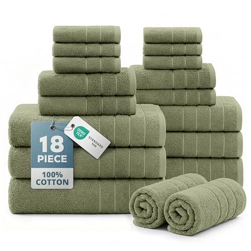 Casa Platino Towel Set for Bathroom 18 Piece Soft Absorbent - Oil Green | Shower Towels - Oversized & Roomy, Lightweight & Breathable, Fade-Resistant Color, Classic Terry Weave, Densely Woven - color: 02: Oil Green, size: 18 Piece Towel Set