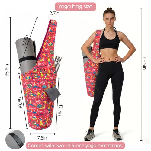 CosInStyle Heavy Duty Cotton Canvas Yoga Bag with Multi-Pocket Organizer, Large Capacity Gym Sports Bags, With 2 Bonus Mat Straps - color: Red Yoga Style