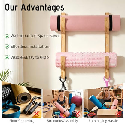 Wooden Yoga Mat Holder Wall Mount, Double Layer Yoga Mat Storage Rack with 4 Hooks, Home Gym Accessories for Yoga Mat Foam Roller Resistance Bands, Sturdy Wall Organizer for Home Gym School Office