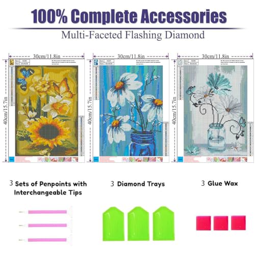 OFRKE Diamond Painting Kits for Adults,3 Pack Flower Diamond Art for Beginners, Diamond Round 5D Full Drill Paint with Diamonds Pictures Gem Art Painting Kits DIY Crafts Kits 12x16inch - color: 3pcs-Flower
