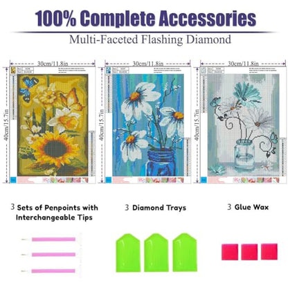 OFRKE Diamond Painting Kits for Adults,3 Pack Flower Diamond Art for Beginners, Diamond Round 5D Full Drill Paint with Diamonds Pictures Gem Art Painting Kits DIY Crafts Kits 12x16inch - color: 3pcs-Flower