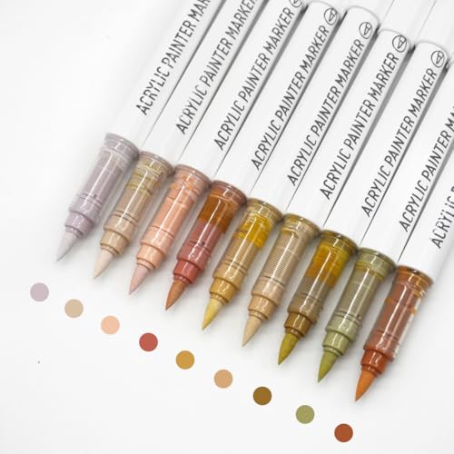 Water Based Acrylic Paint Markers, 9 Colors Paint Pen Set | Cocoa Brown Series, Soft Brush Tip, Smooth Writing, Marker Pen for Rock Painting, Egg, Wood, Glass, Mugs, Black Paper - color: Cocoa Brown