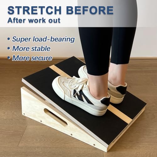 Adjustable Foot Incline Wooden Slant Board for Calf Stretching,440lb Capacity, Balance Velour Stretcher Ankle Stretch Knee Leg Boards Squats Wedge Exercise Fitness Equipment(Side Handle Slant Board)