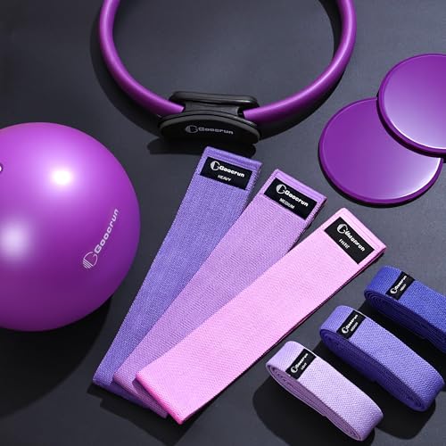 Goocrun Pilates Ring Set Exercise Equipment, with Exercise Resistance Bands Set, Pilates Ball, Sliding Disks. Portable Home Gym - with Fitness Guide Poster - color: Purple, size: Mid-level