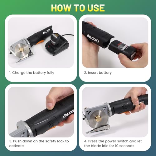 VLOXO Electric Rotary Fabric Scissors Cordless Power Fabric Cutter | Rechargeable Electric Scissors with Safety Lock, Replacement Blade, and Battery for Carpet Canvas Cotton Includes Case Black