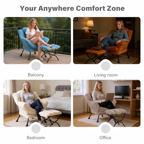 Tiita Lazy Chair with Ottoman, Modern Large Accent Lounge Chairs, Leisure Sofa Armchair with Ottoman, Reading Chair with Footrest for Bedroom, Living Room, Dorm Rooms, Garden | Foldable Footrest, Padded Seat and Backrest, Side Pocket for Lounging in Livin