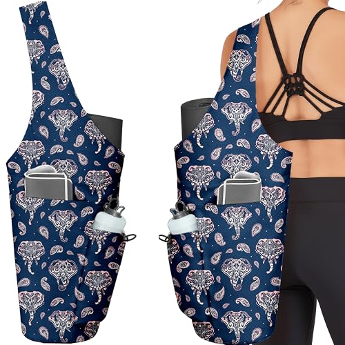 Yoga Bag for Women, Large Yoga Mat Bag Tote Carrier with Wet Dry Pocket | Water Bottle Holder & Adjustable Strap, Fits 1/2" Thick Yoga Mat for Gym, Pilates, Travel, Work - color: Blue Elephant