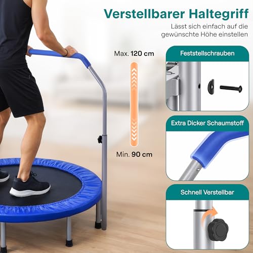 SereneLife 40" Foldable Mini Trampoline for Adults - Compact Fitness Rebounder with Adjustable Foam Handle, Exercise Trampoline with Max Load 330lbs, Indoor/Garden Whole-Body Workout - color: Deep Blue