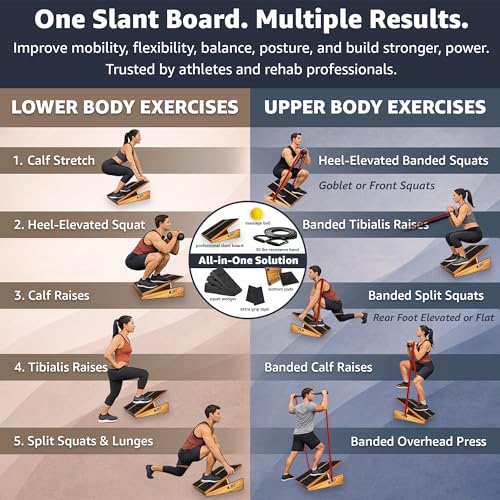 BAM Athletica Slant Boards for Exercise – Adjustable Wooden Calf Stretcher Incline Board for Calf Stretching, Squats, Physical Therapy, Plantar Fasciitis, Knee, Foot & Ankle Rehab, Velour Slant Board - color: Premium 5-in-1 Solution | Large Full Coverage