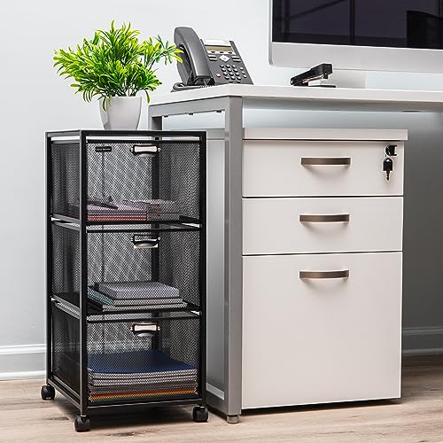 Mind Reader Office Storage Organizer with Mesh Drawers Label Holders and Optional Wheels, Metal Mesh, Black - size: 3-Drawers