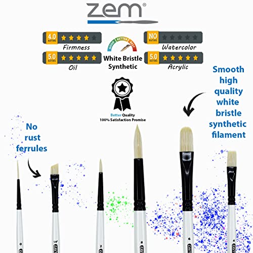 ZEM Brush White Hog Bristle Synthetic Combo Rounds, Flat, Filbert, Angle, Liner Artist Brush Set 6 pcs | Acrylic and Oil