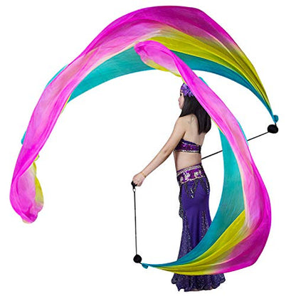 KIKIGOAL 2pcs 2.5x0.9M/98.43"x35.43" Multi-Color Dance Silk Veil Poi - color: pink yellow blue, size: 2.0x0.9M/78.74"x35.43"