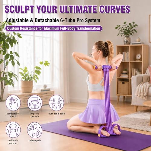 Foot Pedal Resistance Bands with Handles, Multifunction Elastic Yoga Exercise Bands, Home Gym Fitness Equipment for Women & Men to Tone Abs, Core, Legs, Arms, Waist - color: Flex-Purple