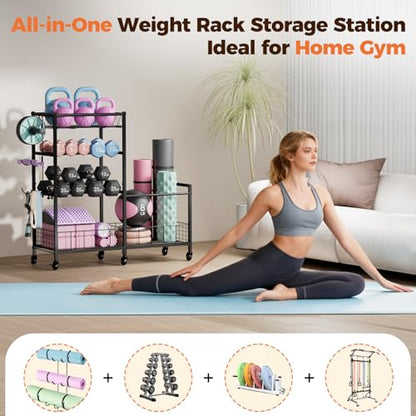HavenlyYouth Dumbbell Rack, Home Gym Weight Rack Storage, Adjustable Dumbbell Stand Organizer with Wheels, Holds Dumbbells, Kettlebells, Yoga Mats - size: 33.5"