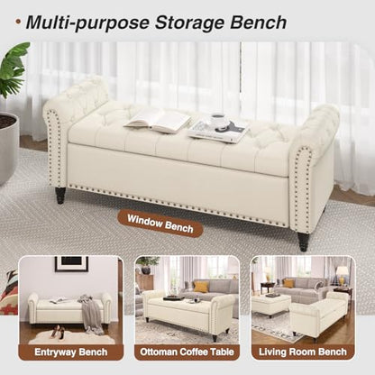 FiveWillowise 65" Bedroom Bench,End of Bed Bench with Storage,Cream Yellow - color: Cream White, size: 65-inch