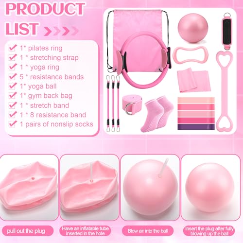RoundFunny Pilates Ring Circle Set 18 Pcs Exercise Equipment Accessories for Women Workouts Pilates Ball Stretching Strap Magic Circle Yoga Ring Gym Back Bag Resistance Band Anti Slip Socks - color: Pink