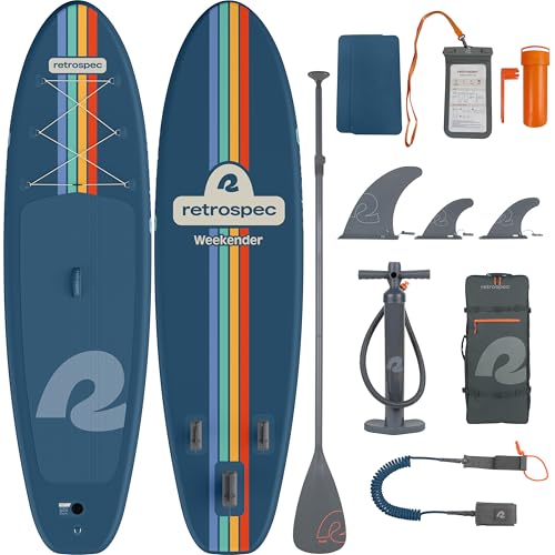Retrospec Weekender Inflatable Stand Up Paddle Board Includes Paddle, Pump, and Accessories 10’6” Lightweight iSUP, Puncture Resistant Inflatable Paddle Board for Adults - color: Navy Zion