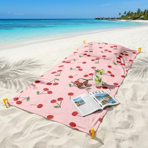Cherry Beach Towel Blanket with Inflatable Pillow and Pocket, Sand Free Towel Oversized 35.4'' × 78.7'', Windproof Beach Mat with 4 Windproof Anchor & Carry Bag for Travel, Camping, Hiking (Cherry) - color: Cherry