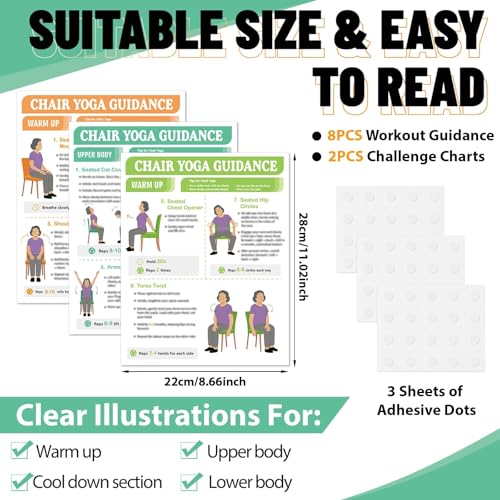 10Pcs Chair Yoga Poster for Seniors Beginners-Set of 8 Illustrated Guides & 2 30-Day Challenges Stretching and Gentle Chair Yoga Chart Wall Art For Balance Flexibility Weight Loss(11 x 8.7 Inch）