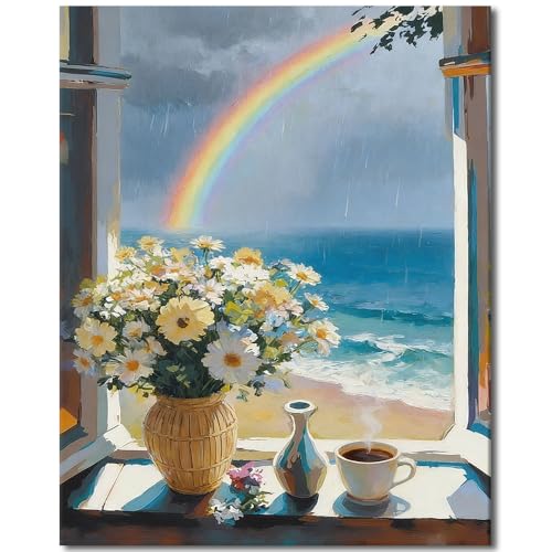TUMOVO Paint by Numbers Kit for Adults Ocean, Window Flowers Coffee | Coastal Decor Canvas, Painting by Numbers for Adults, Match Numbers to Colors, 3 Brushes Included, 16x20 Inches. - color: Ocean View