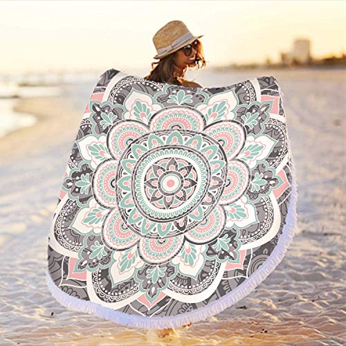 Mandala Round Boho Beach Towel Blanket, Oversized Microfiber Hippie Bohemian Absorbent Fast DRY Sand Free Circle Swim Pool Yoga Towel Table Cloth, Soft 59 inch Mediation Mat Wall Decor with Tassels - color: Grey & Pink Mandala Beach Towel