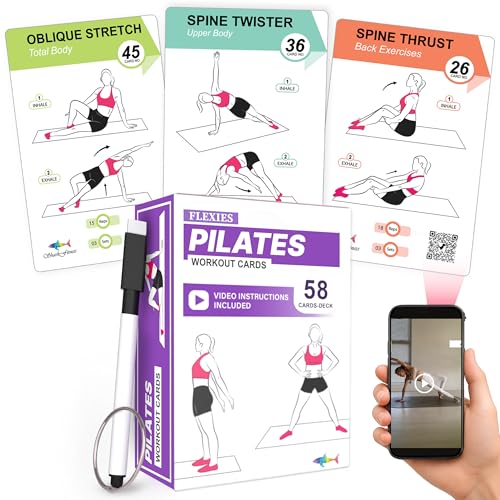 Flexies Pilates Workout Cards | 58 Mat Pilates Exercise Cards with Postures, Video Instructions & Breathing Tips | Waterproof Color-Coded Fitness Deck for Women with Dry-Erase Marker