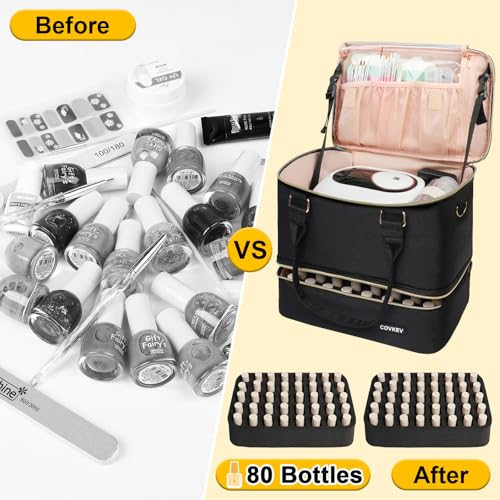 Covkev Nail Polish Organizer Hold 80 Bottles (15ml/0.5 fl.oz)& Nail Lamp, Double Layer Nail Bag Organizer Case with Handle, Large Nail Supplies& Kit Storage Case for Women Travel (Black& Golden)