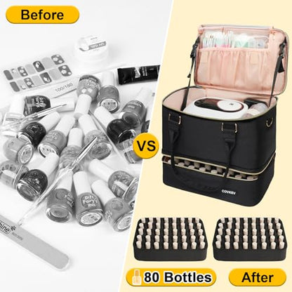 Covkev Nail Polish Organizer Hold 80 Bottles (15ml/0.5 fl.oz)& Nail Lamp, Double Layer Nail Bag Organizer Case with Handle, Large Nail Supplies& Kit Storage Case for Women Travel (Black& Golden)