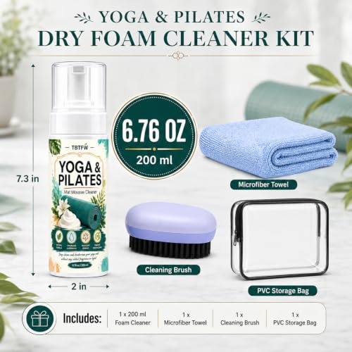 TBTFW Yoga Mat Cleaner Spray,Yoga Mat Cleaner-6.76oz | Suitable for Cleaning of All Yoga Mats and Exercise Equipment,Natural Formula,withTowels,Brushes,and Storage Bags
