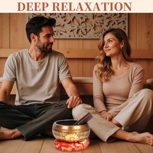 AKLOT HandMade Meditation Singing Bowl: Tibetan Sound Bowl Set with Pure Tone, Sound Bath Bowl with Cushion, Mallet, Carry Bag, Spiritual Gift for Chakra Clearing, Yoga, Prayer, Relaxation (5 Inch) - color: 5 inch Gold