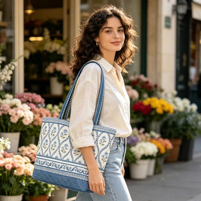 Quilted Tote Bag 2 Pack, Women's Tote Handbags for Work Travel - color: Pale Indigo Blue