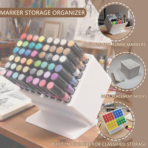 Marker Storage Organizer, 48 Slots 12mm Marker Storage, Vertical/45° Angle | Placement, Desk Marker Organizer With Dividers, For Home and Office