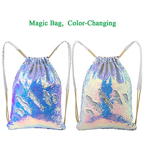 MHJY Sparkly Reversible Sequin Drawstring Backpack for Sports Gym Beach | Sparkly Reversible Sequin Mermaid Backpack With Creative DIY, Featuring Inside Pocket & Drawstring For Dance Swim - color: Mermaid Purple/Silver