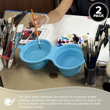Silver Brush Limited Silver Essentials Paintbrush Water Bowl, 700ml/23.7oz | 2 Pack, Watercolor, Watermedia, Plein Air, Folds Into A Pouch, Reusable Artist Water Cup, Leak-proof, Silicone, Easy to Clean - size: Double 700ml