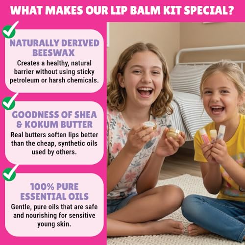 Kalakaram DIY Lip Balm Making Kit - Make 15 Lip Balms with Shea & Kukum Butter, Beeswax, Vitamin E Oil, Grapeseed & Essential Oils, DIY Activity Kit for Kids & Craft Kit for Girls 9-12