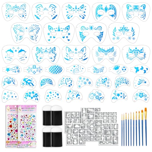 58 PCS Face Paint Stencils for Kids and Adults, 36 Reusable Facial Painting Templates, 6 Sticky Tattoo Stencils, 10 Makeup Brushes, 2 Adhesive Gem Stickers, 4 Finger Sponges for Party Makeup - color: blue