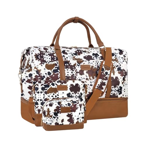 Weekender Bag, Large Travel Duffel Bag for Women, Carry on Overnight Bag with Shoe Compartment and Toiletry Bags - color: C-3PCS Black Brown Cow