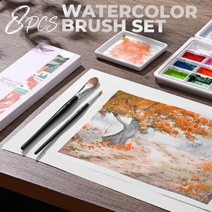 Watercolor Brushes Professional, Fuumuui 8Pcs Sable Paint Brush Set Variety Shapes with Flat, Round Pointed, Cat's Tongue Oval Wash Perfect for Watercolor Acrylic Gouache Inks Painting - color: Black
