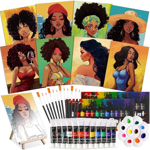 Cholemy 36 Pcs Paint and Sip Kit Gift for Adults 8''x10'',Fashion Women | Pre Drawn Canvas, Painting DIY Afro Acrylic Painting Kit, Wood Easel Brushes, Date Night Bulk, Summer Halloween Party - style: Fashion Women