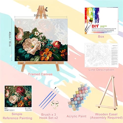 Peony Paint by Numbers for Adults with Framed Canvas - with Wooden Easel | Paint by Number on Canvas Flowers, DIY Acrylic Oil Painting Kits with Brushes Nice Gift Box for Home Wall Decor (16x20 inch) - color: DKMT0001, size: 16*20inch