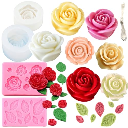 3 Pack Rose Candle Molds with 1 Leaf Mold, 3D Roses Soap Mold with Candlewick Flower Silicone Molds for Candles Making Epoxy Resin Casting Handmade Gift Soap Clay Plaster Home Décor - color: ROSE-LEAF