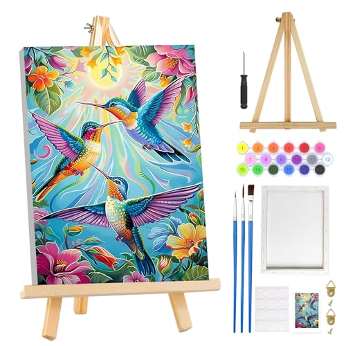 MOGTAA Paint by Numbers Kit for Adults with Frame, Hummingbird Paint by Number Canvas, Flowers Scenery Paint by Numbers with Easel, DIY Lanscape Oil Painting Kit for Home Wall Decor 8 x 12 Inch - color: Hummingbird