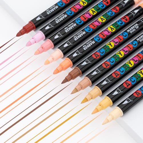 Acrylic Paint Markers, 24 Skin Tone Markers - Dual Tip Art Pens with Brush & Fine Point for Rock Painting, Fabric, Canvas, Wood, DIY Crafts - Flesh Tone Craft Paint & Art Supplies