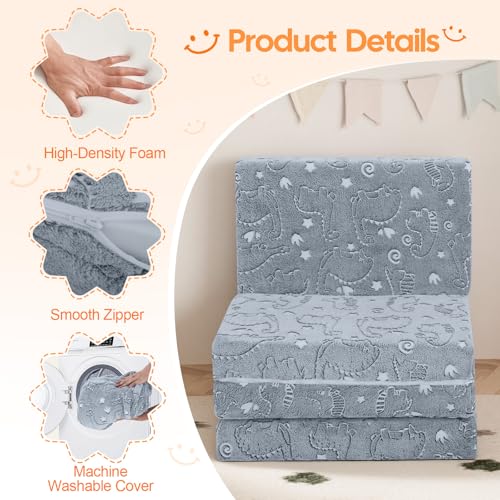 MeMoreCool Kids Folding Mattress 63x26 Trifold Floor Mat, Grey Dinosaur - color: Grey Dinosaur
