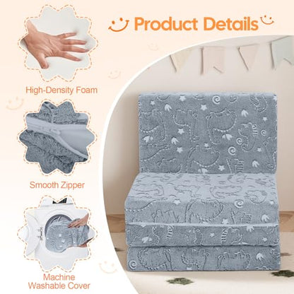 MeMoreCool Kids Folding Mattress 63x26 Trifold Floor Mat, Grey Dinosaur - color: Grey Dinosaur