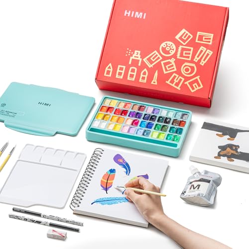 HIMI 48 Colors Twin Cup Jelly Gouache Paint Set, – Complete Art Kit with Pad, Paint Refill, Palette, Brushes, Painting Knife, Foldable Frame for Beginners, Students & Artists