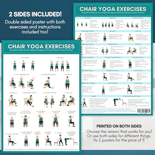 Chair Yoga Exercise Poster for Beginners & Seniors A3 | Double Sided Seated Yoga Chart with Instructions | Laminated Gentle Chair Exercises for Mobility & Flexibility