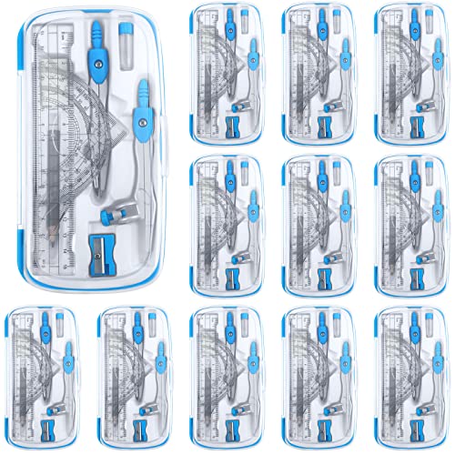 Teling 12 Sets Math Geometry Kit for Students 10 Pcs Compass Geometry Tools Set Includes Rulers Protractor Compass Eraser Pencil Sharpener Lead Refills Pencil (Blue) - color: Blue